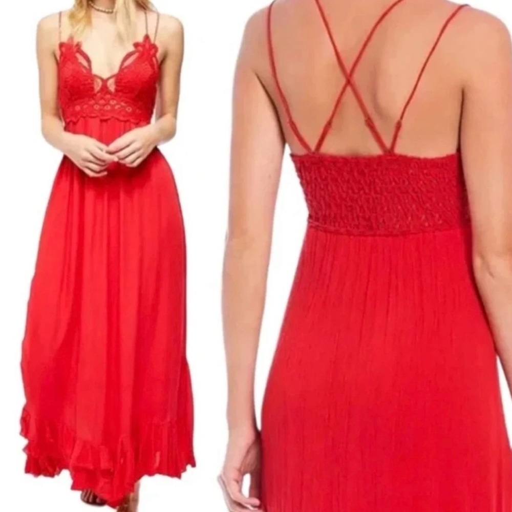 Free People Like New Adella Crochet Lace Ruffle Maxi Slip Full Length Red Dress - Picture 7 of 17
